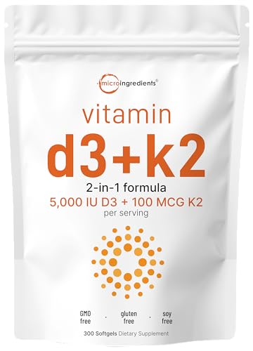 Micro Ingredients Vitamin D3 5000 IU with K2 100 mcg, 300 Soft-Gels | K2 MK-7 with D3 Vitamin Supplement, 2 in 1 Support Immune, Heart, Joint, Teeth & Bone Health - Easy to Swallow-Vigor X