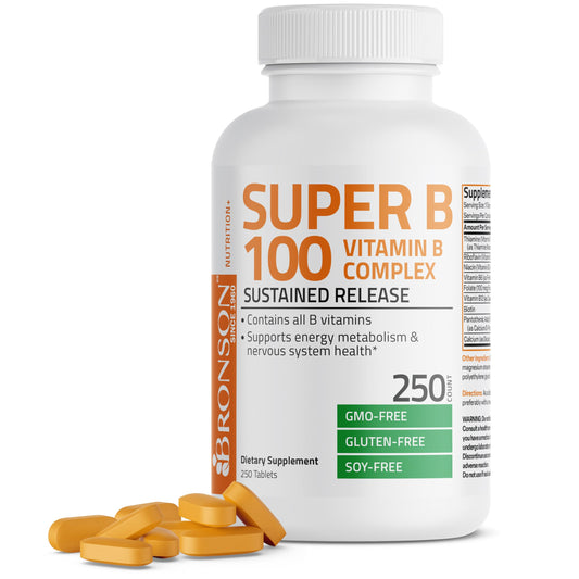 Bronson Super B 100 Vitamin B Complex Sustained Release Contains All B Vitamins (Vitamin B1, B2, B3, B6, B9 - Folic Acid, B12) Supports Energy Metabolism & Nervous System Health, Non-GMO, 250 Tablets-Vigor X