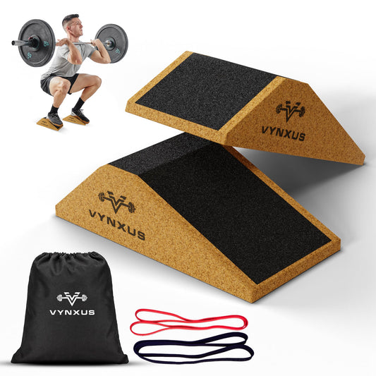 Vynxus - Squat Wedge, Cork Squat Wedge Block,Heel Elevated Squat, Balance Board For Upright Workout Posture,Workout Step For Knees Over Toes, Non-Slip Squat Wedge, Resistance Band, Elastic bands